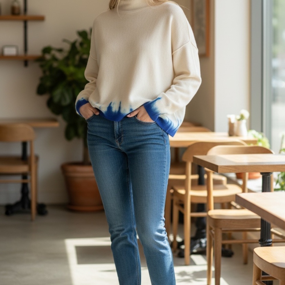 Anthropologie Cream and Blue Dip-Dye Sweater